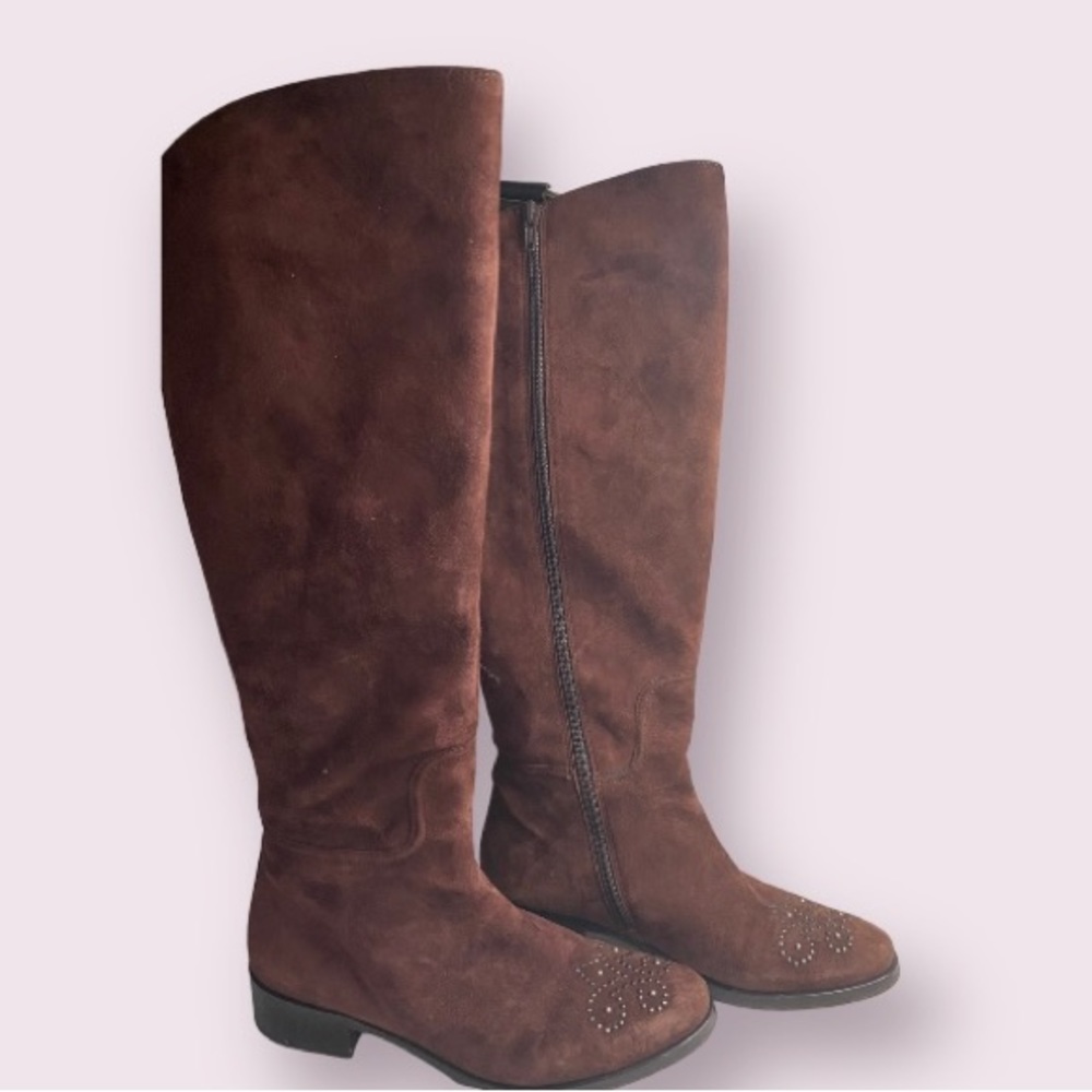 Le Pepe Italian womens Brown suede to the knee boots buckles Size 7 Plum Color